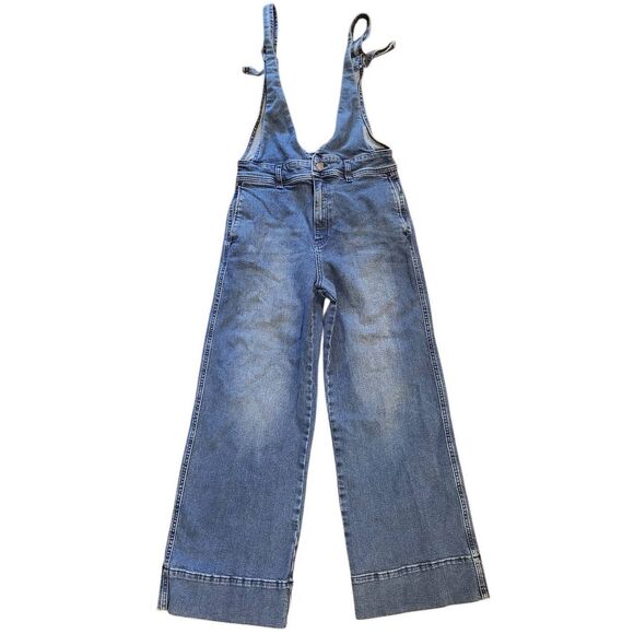 Free People Overalls Women's 4 Blue A-Line V Neck Wide Leg Cropped Stretch - Picture 2 of 8